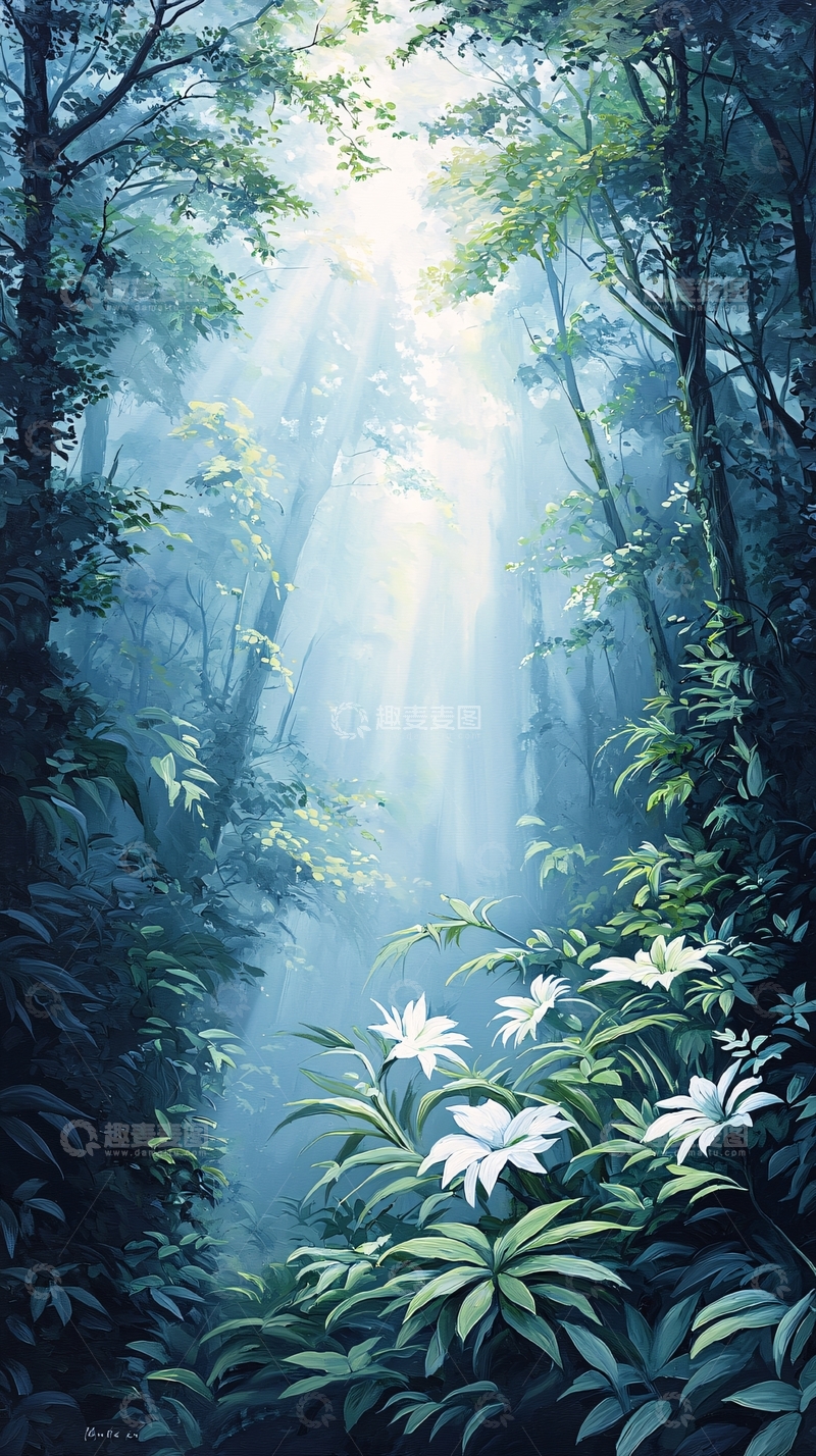 高清大图下载【趣麦麦图】森林中的阳光与花朵