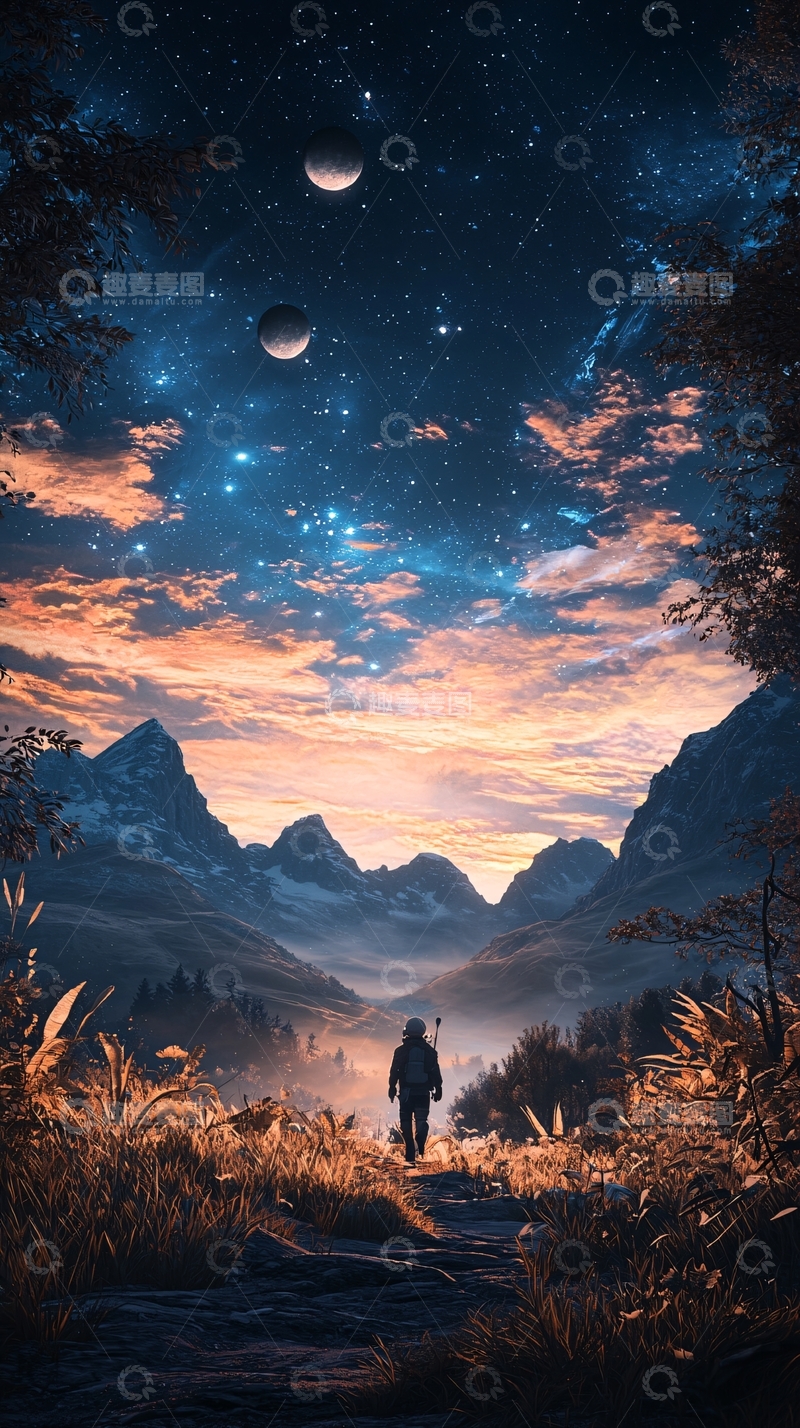 高清大图下载【趣麦麦图】夜空下的徒步旅行者