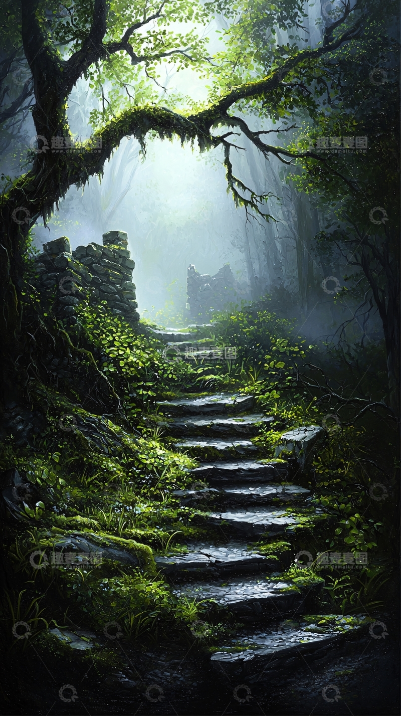 高清大图下载【趣麦麦图】神秘森林中的石阶