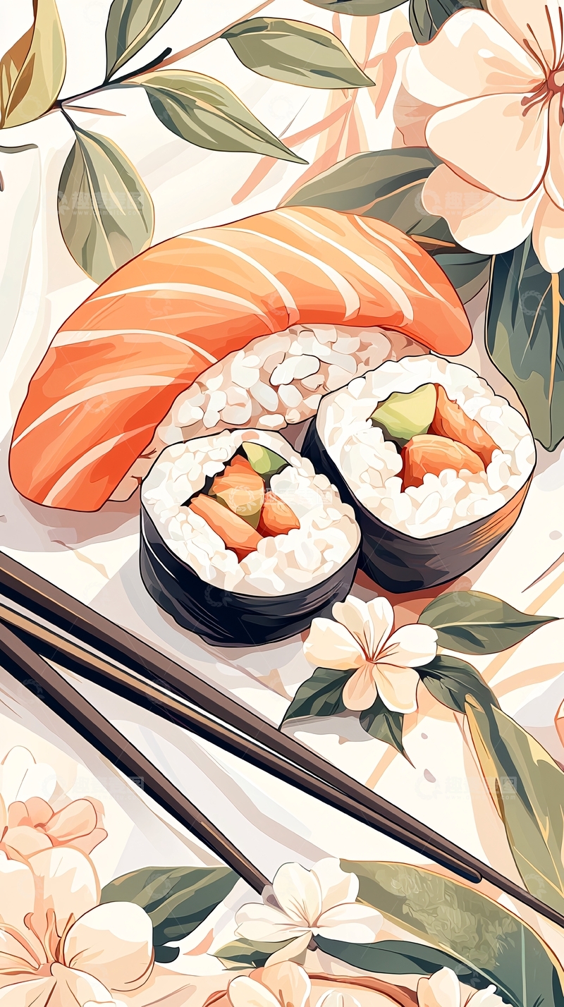 高清大图下载【趣麦麦图】寿司与筷子的艺术插画