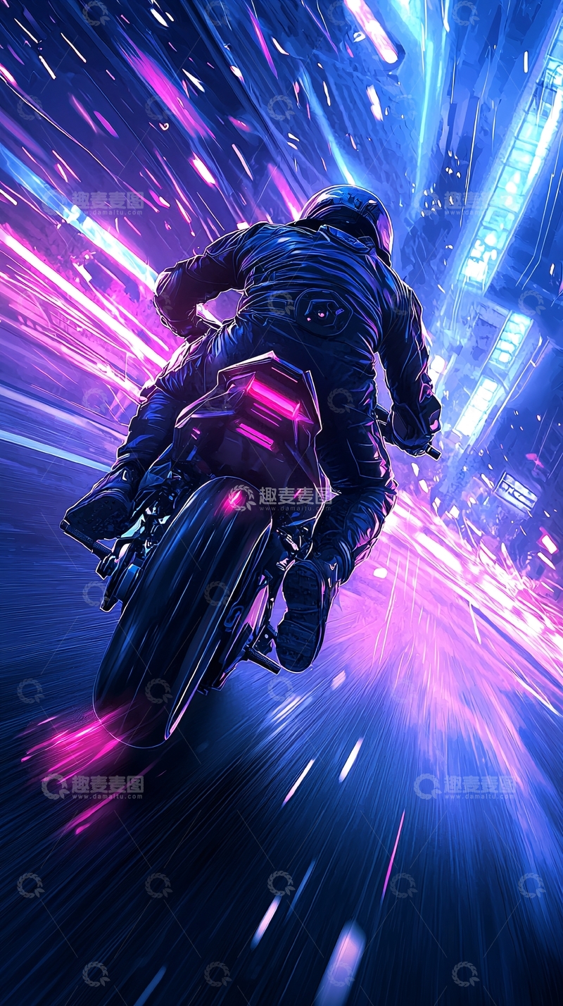 高清大图下载【趣麦麦图】未来赛博朋克风格摩托车手