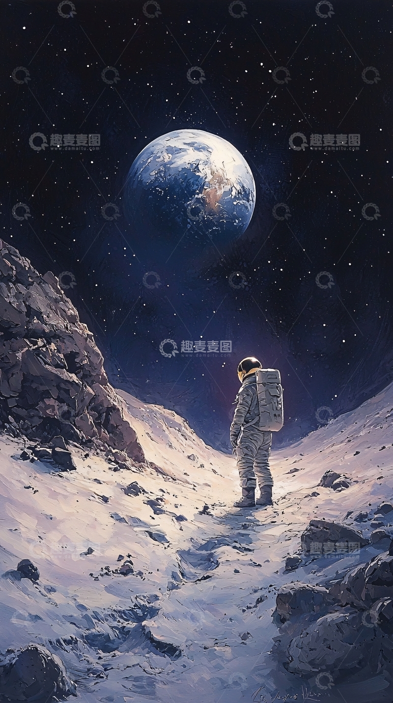 高清大图下载【趣麦麦图】宇航员在月球上看地球