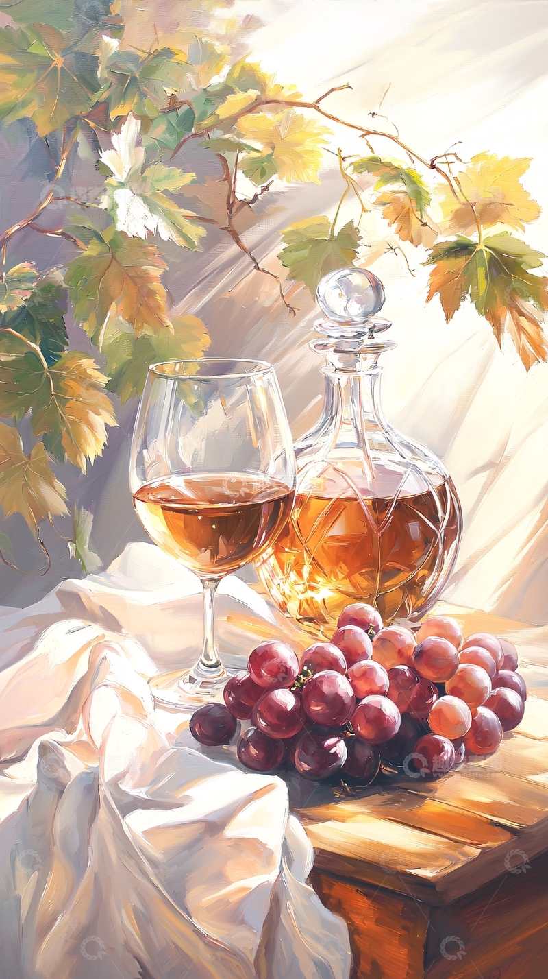 高清大图下载【趣麦麦图】阳光下的葡萄酒与葡萄静物画