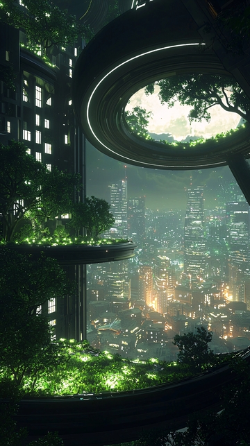 未来都市夜景与空中花园