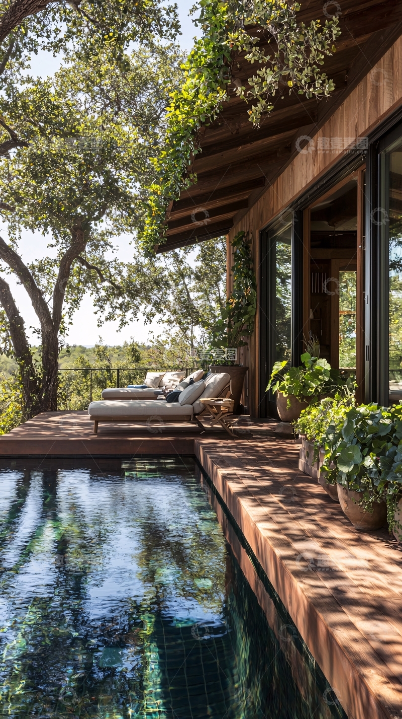 高清大图下载【趣麦麦图】自然风光中的泳池与户外休息区