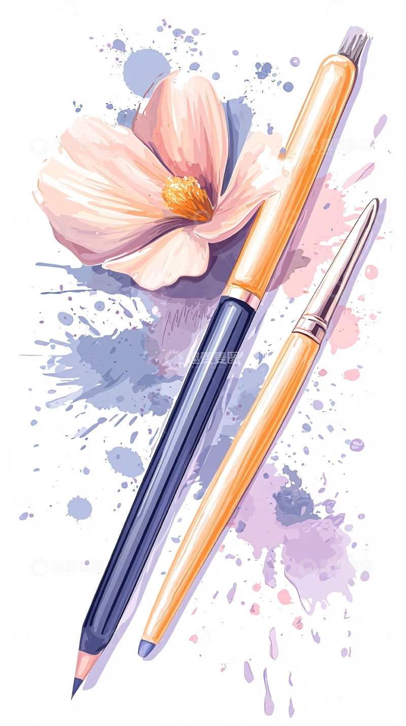 高清大图下载【趣麦麦图】文具与花卉的艺术插画