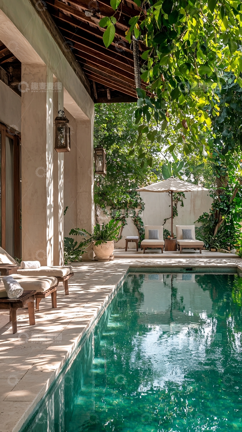 高清大图下载【趣麦麦图】热带庭院泳池休闲场景