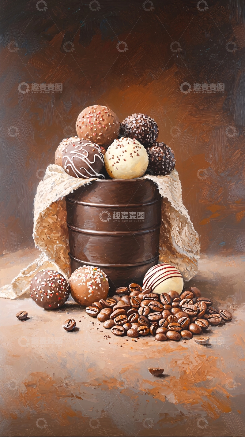 高清大图下载【趣麦麦图】巧克力球与咖啡豆静物画