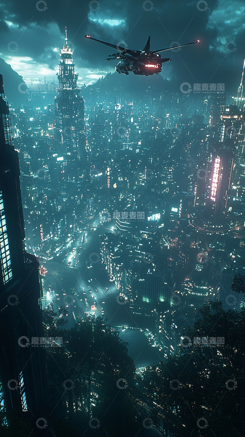 高清大图下载【趣麦麦图】未来都市夜景飞行器