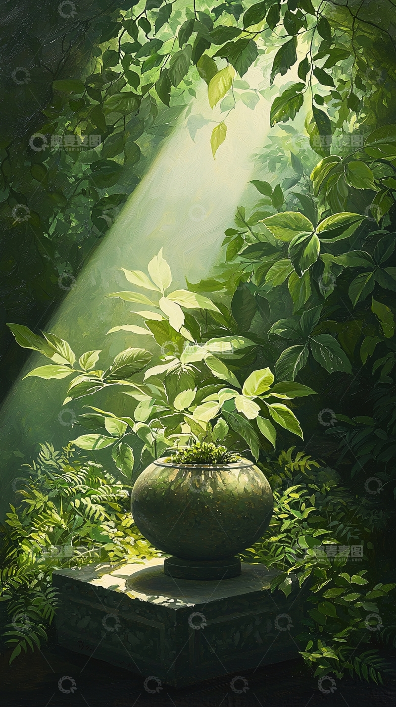 高清大图下载【趣麦麦图】阳光透过树叶照亮盆栽植物