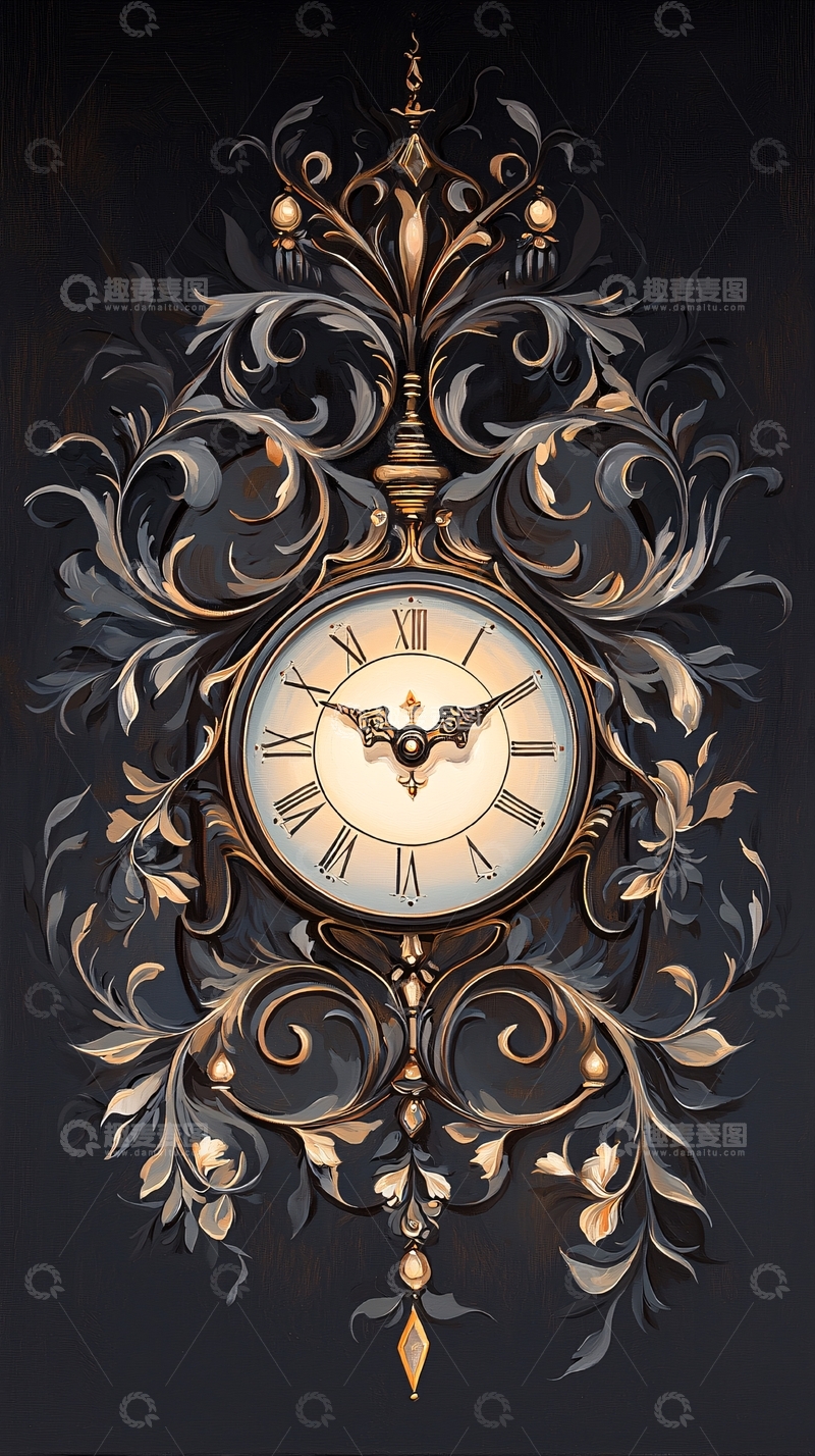 高清大图下载【趣麦麦图】复古华丽壁挂钟表装饰画