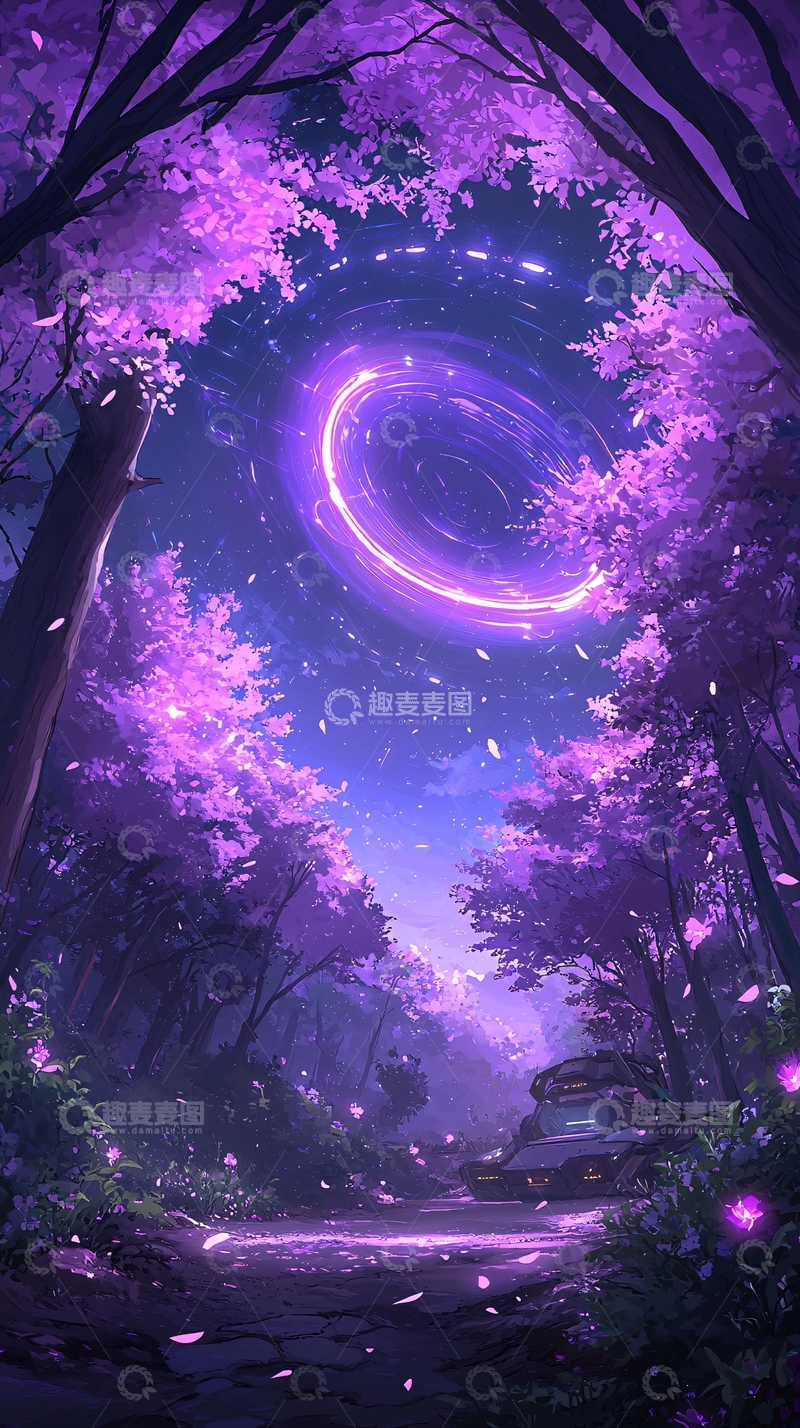 高清大图下载【趣麦麦图】紫色森林中的神秘光圈