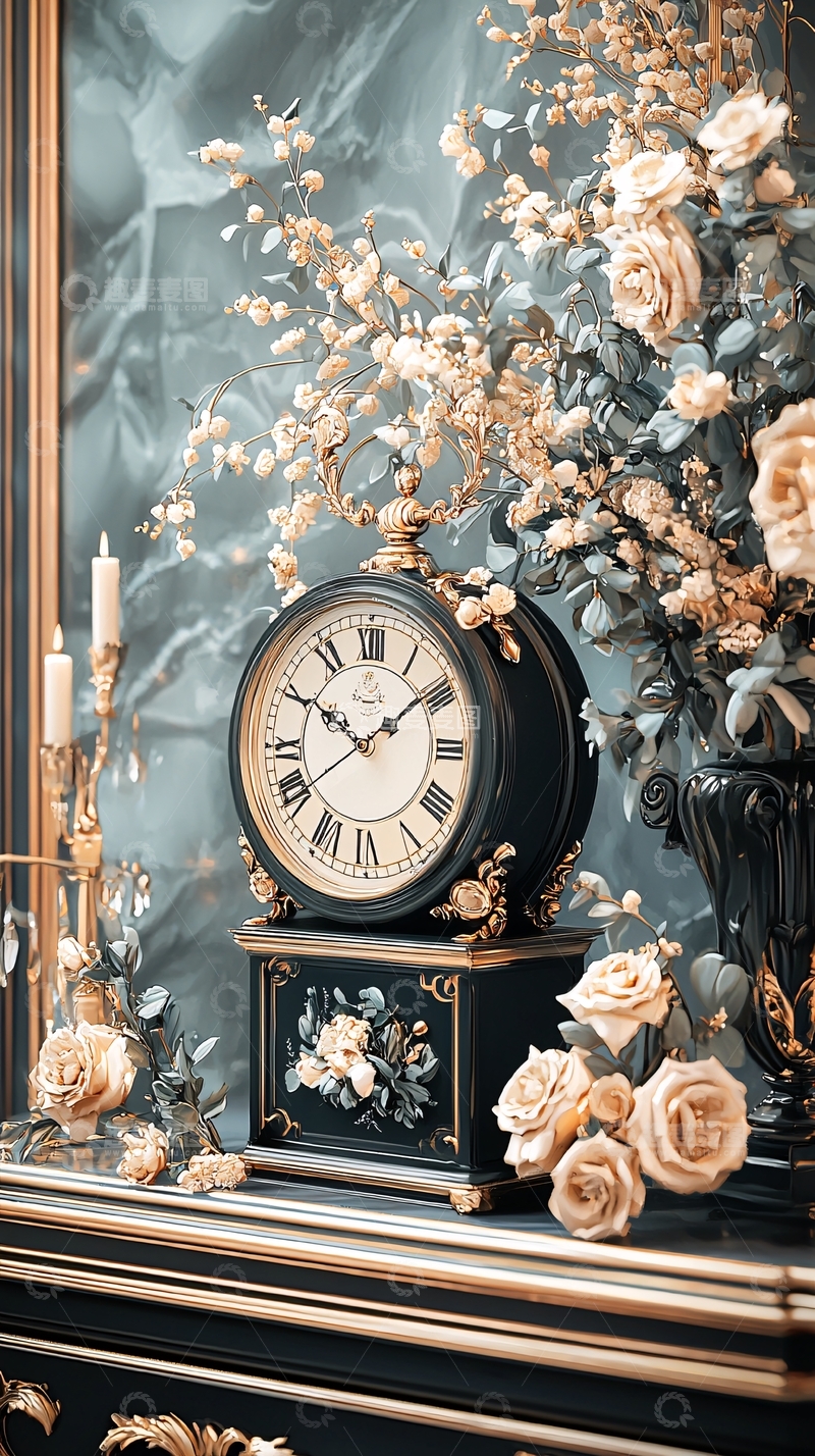 高清大图下载【趣麦麦图】古典钟表与花卉装饰摆件