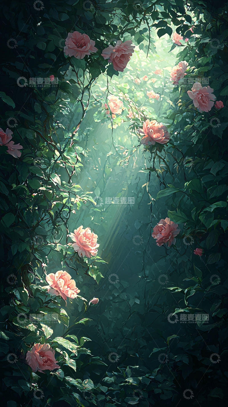 高清大图下载【趣麦麦图】阳光透过森林中的玫瑰花