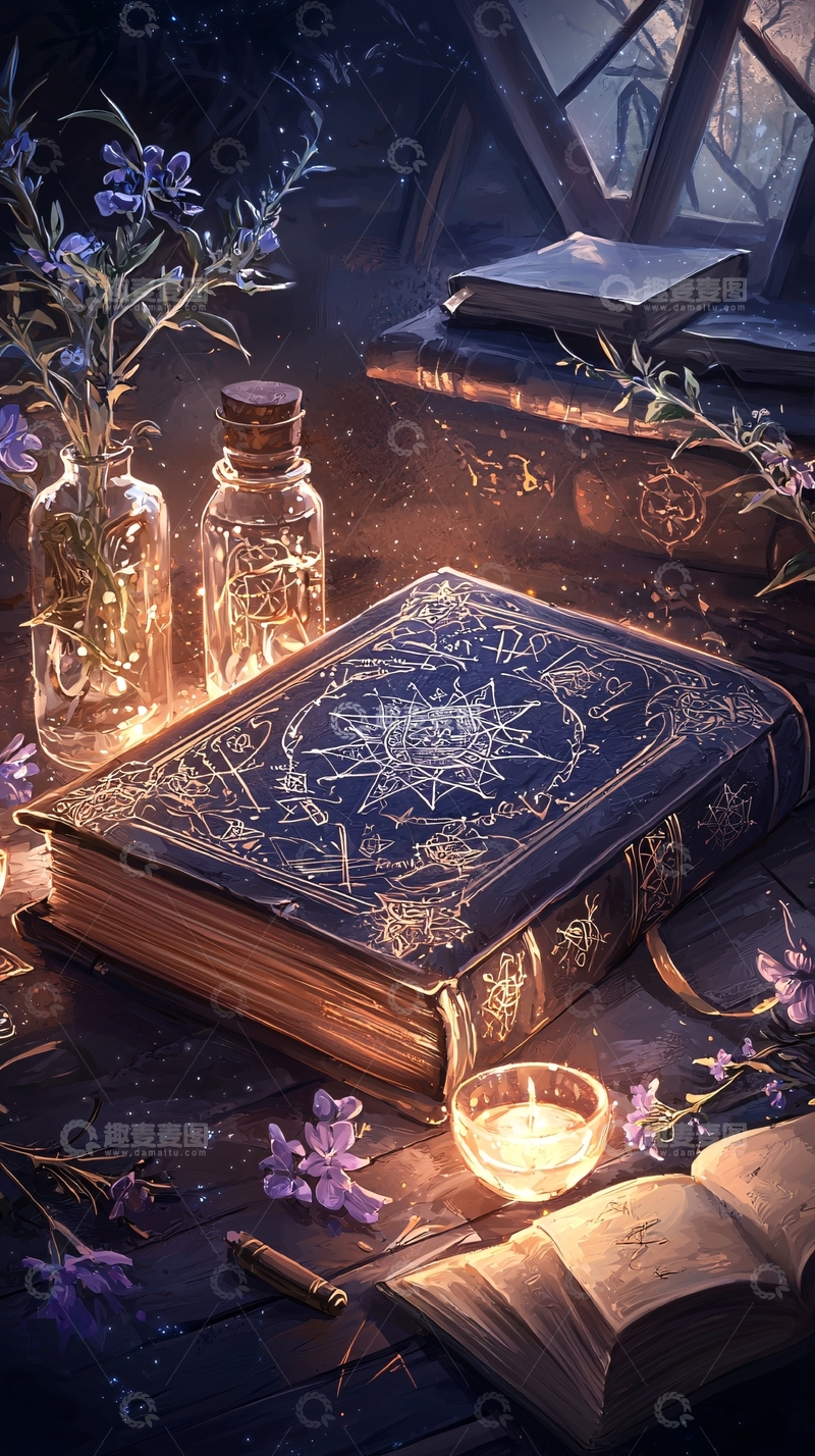 高清大图下载【趣麦麦图】神秘魔法书与蜡烛的夜晚