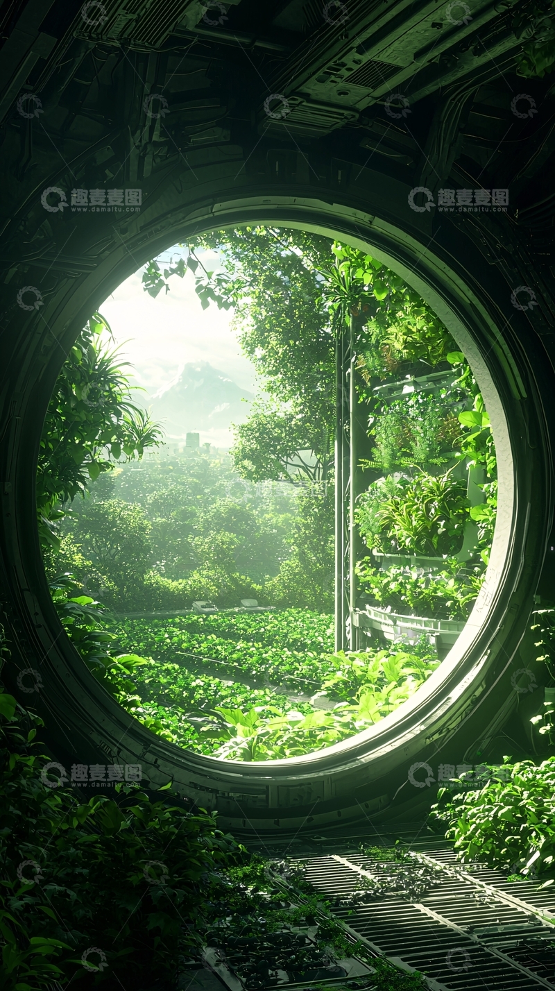 高清大图下载【趣麦麦图】未来科技与自然共生的圆形窗口