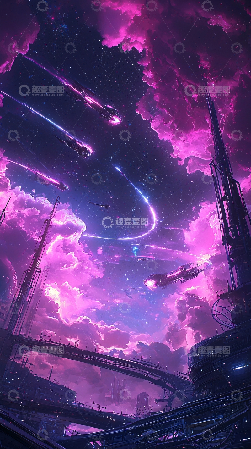 高清大图下载【趣麦麦图】未来城市流星雨夜景