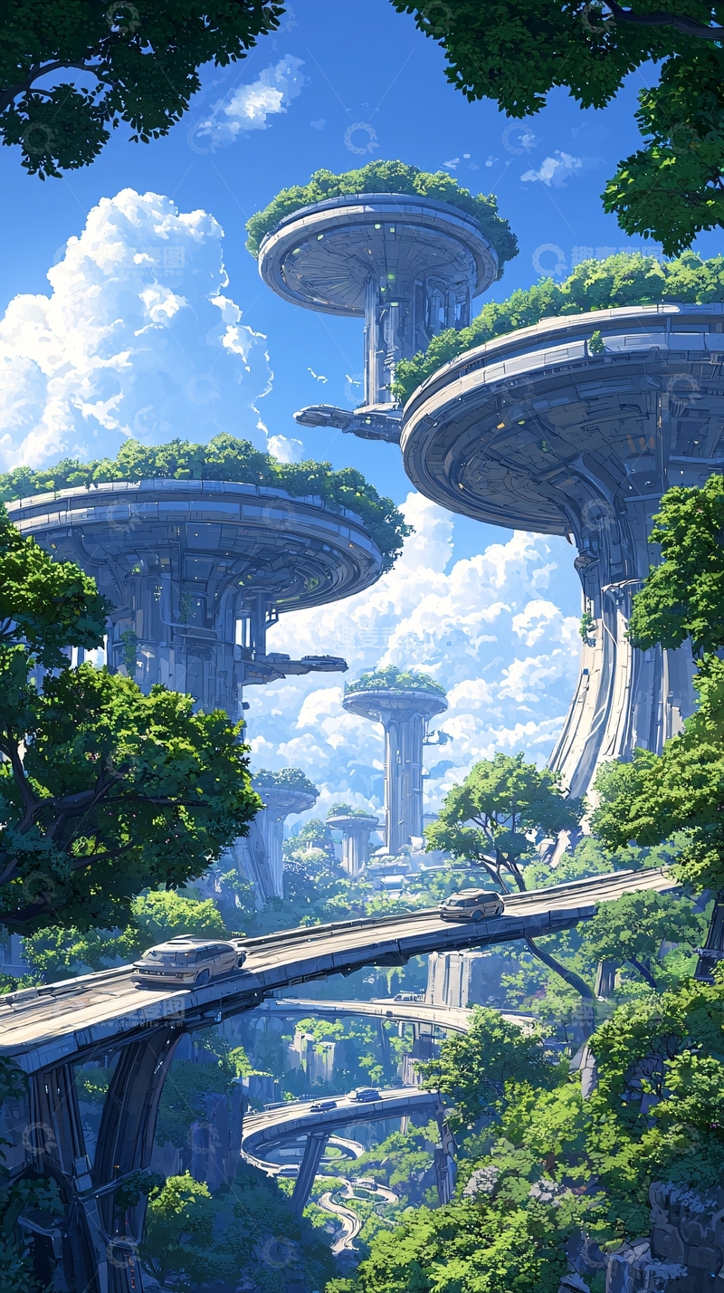 高清大图下载【趣麦麦图】未来森林中的悬浮城市