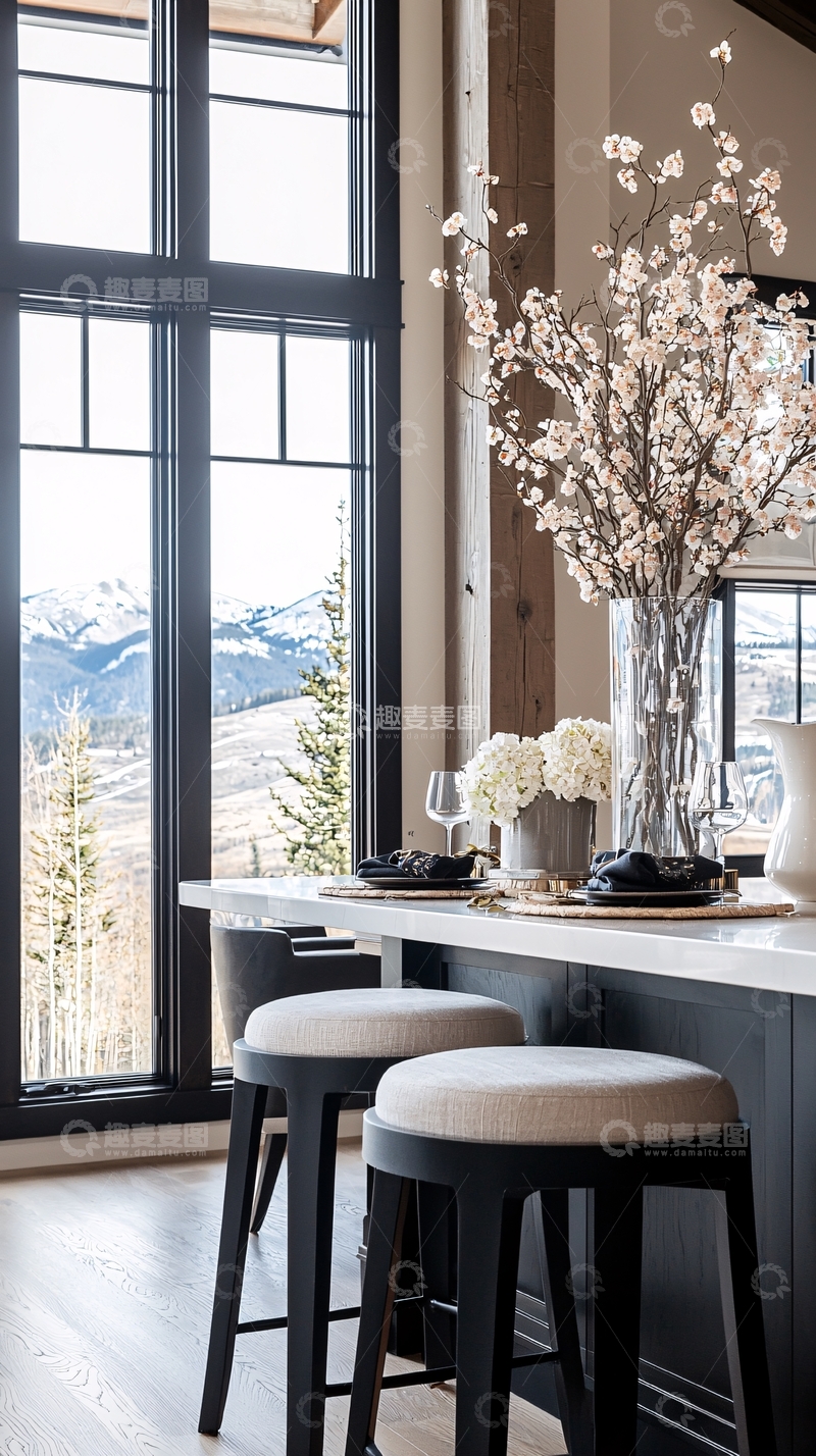 高清大图下载【趣麦麦图】现代简约餐桌椅与窗外风景