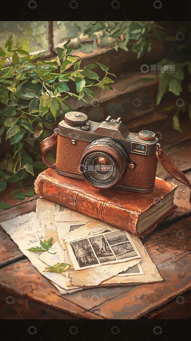 高清大图下载【趣麦麦图】复古相机与旧书的怀旧场景