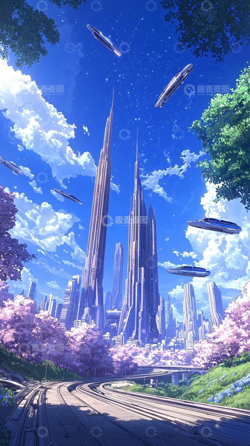高清大图下载【趣麦麦图】未来城市与空中飞艇