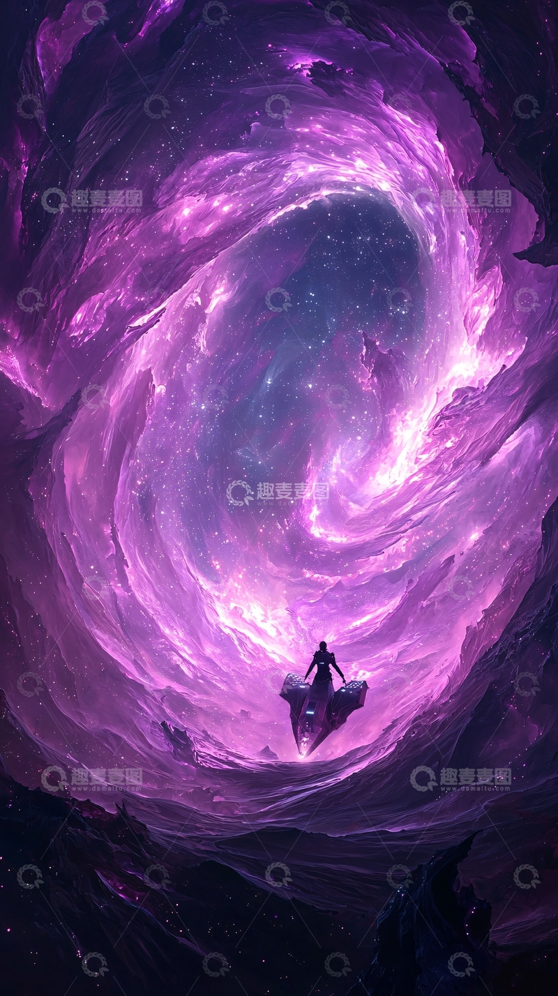 高清大图下载【趣麦麦图】紫色漩涡中的宇宙飞船