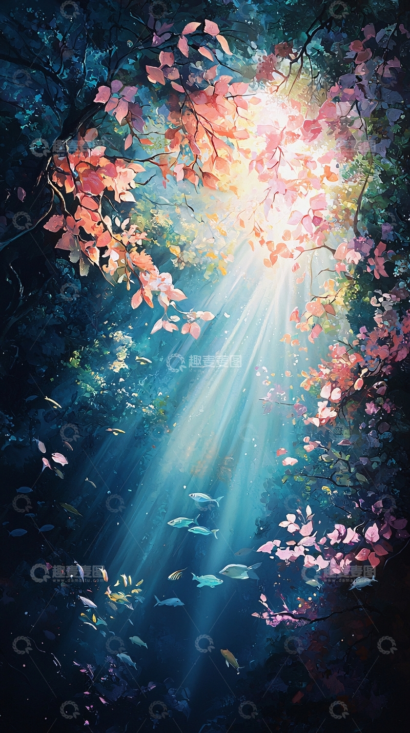 高清大图下载【趣麦麦图】森林中的光束与鱼群
