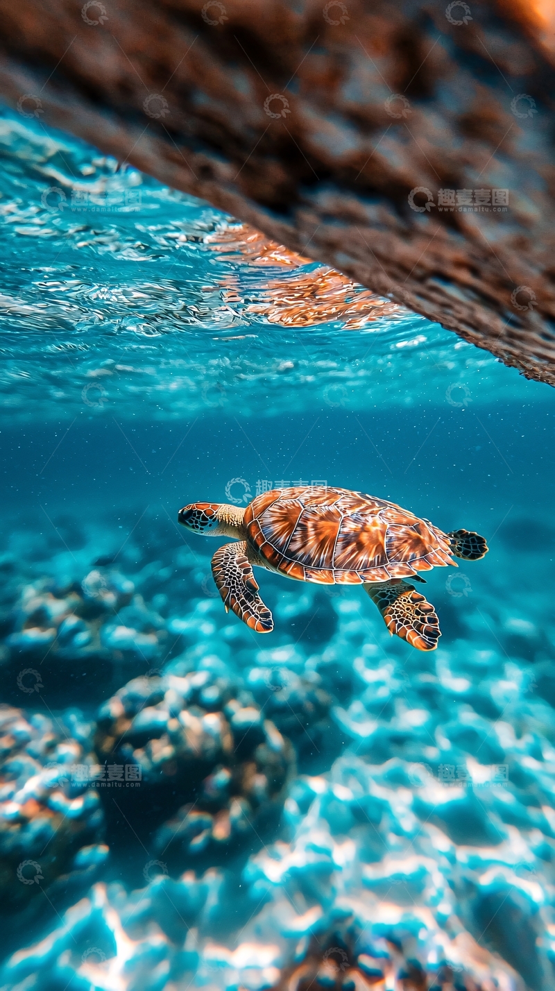 高清大图下载【趣麦麦图】海龟在珊瑚礁中游泳