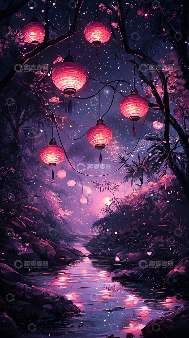 高清大图下载【趣麦麦图】梦幻森林中的灯笼夜景