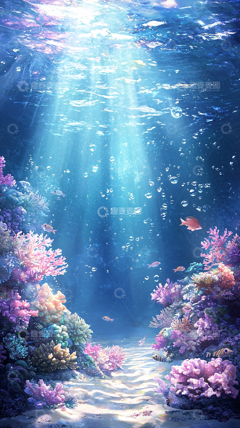 高清大图下载【趣麦麦图】海底珊瑚鱼群光影背景