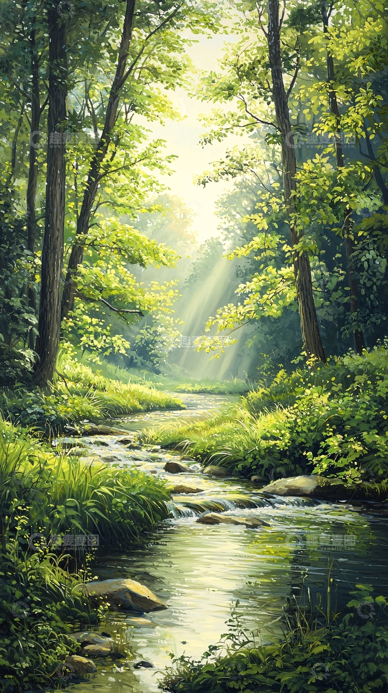 高清大图下载【趣麦麦图】阳光森林小溪自然风景