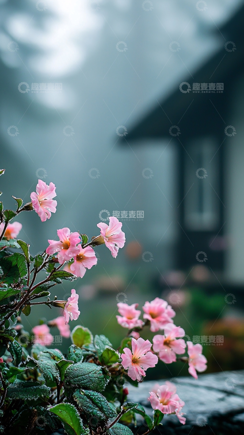 高清大图下载【趣麦麦图】雨后粉色花朵与朦胧建筑