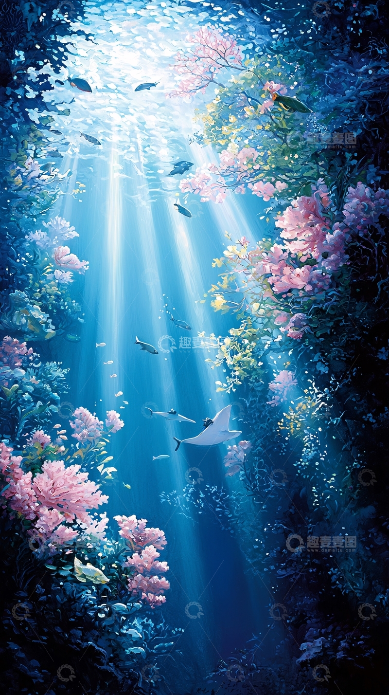 高清大图下载【趣麦麦图】海底森林光影下的鱼群