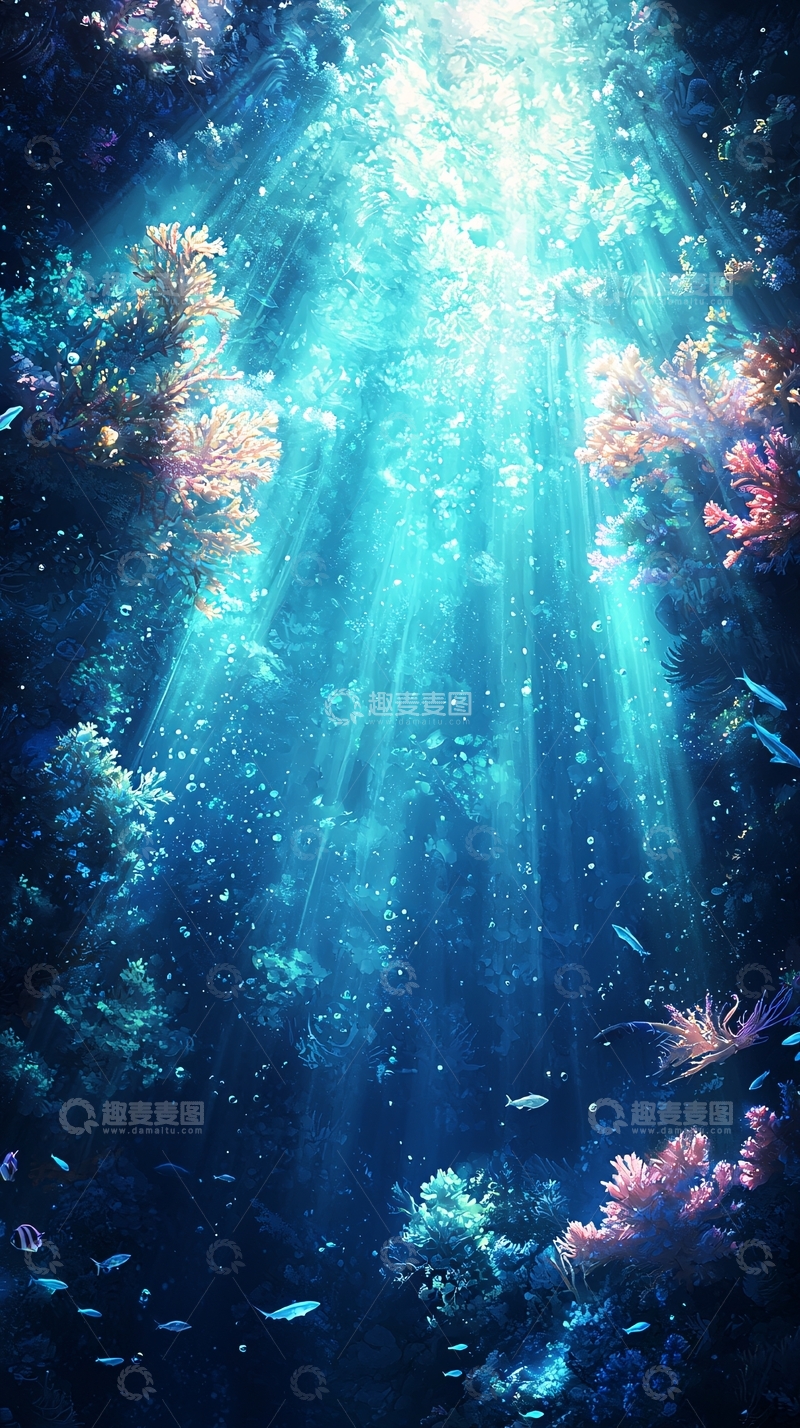 高清大图下载【趣麦麦图】深海光束下的珊瑚礁