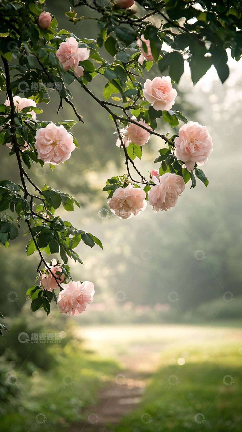 高清大图下载【趣麦麦图】晨光中的粉色玫瑰花枝