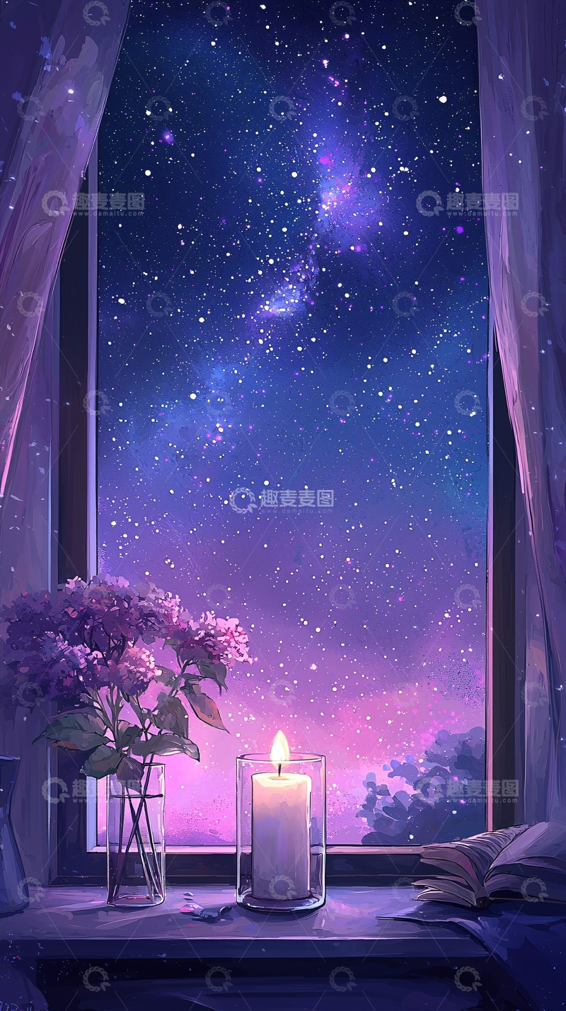 高清大图下载【趣麦麦图】窗外星空下的温馨烛光