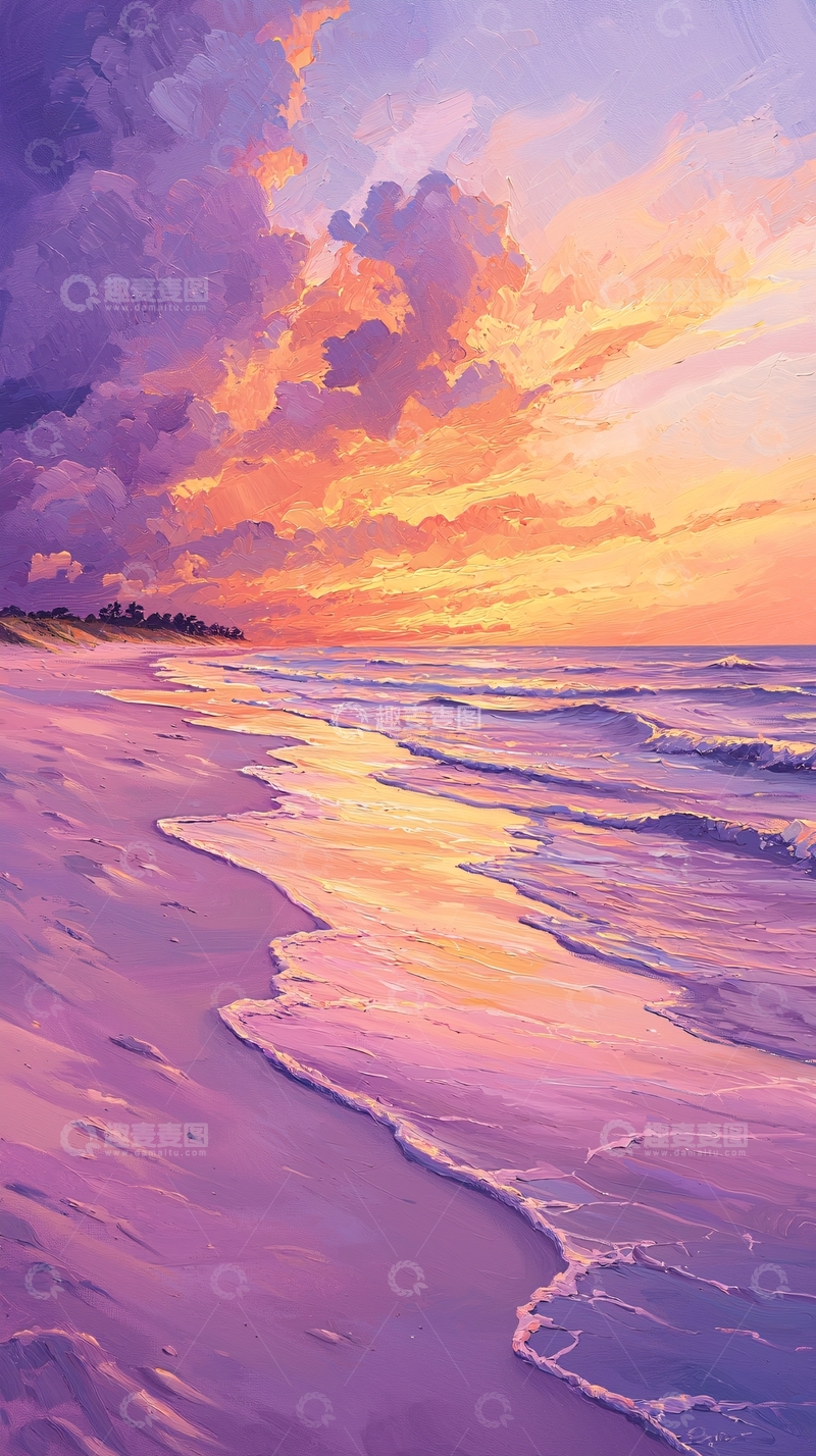 高清大图下载【趣麦麦图】日落海滩油画风景