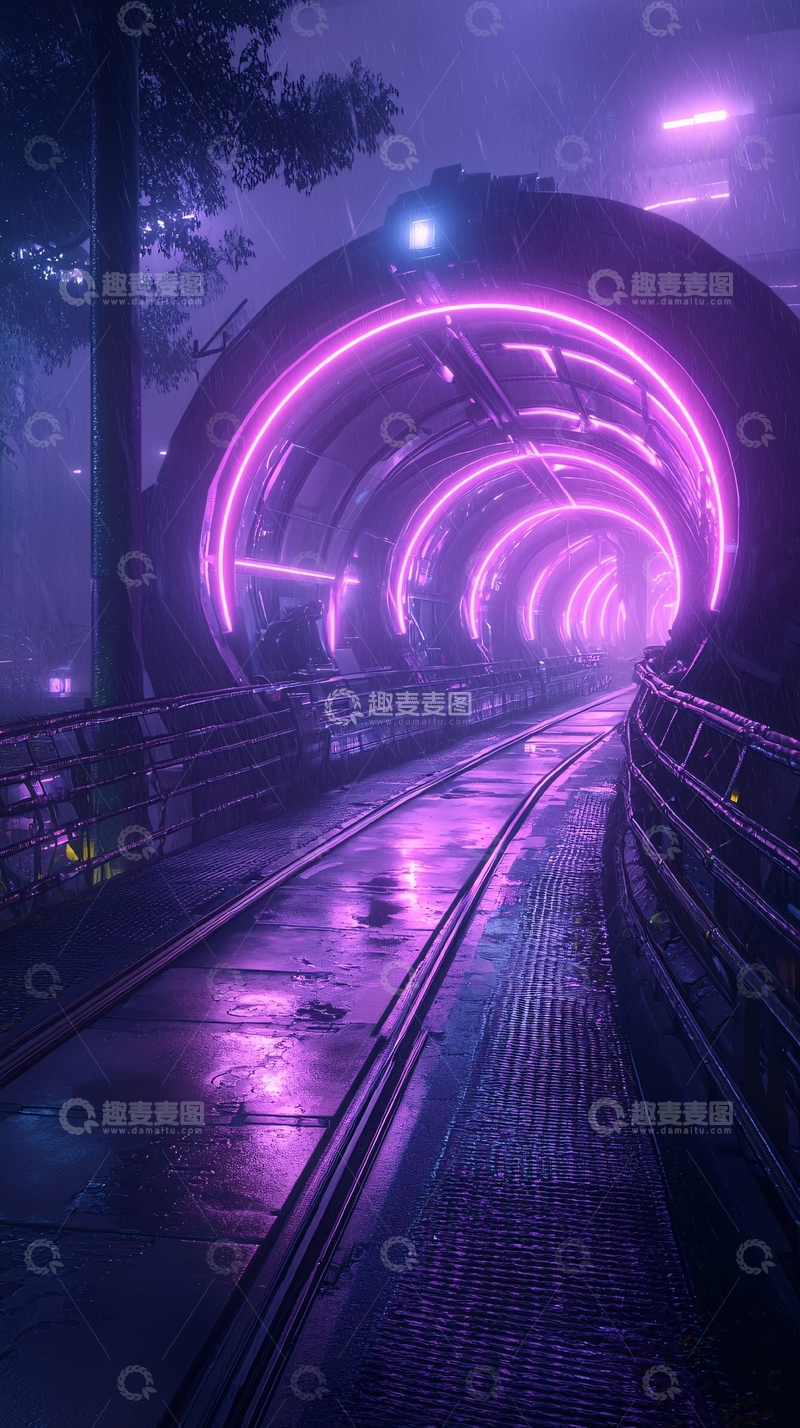 高清大图下载【趣麦麦图】霓虹雨夜地铁隧道