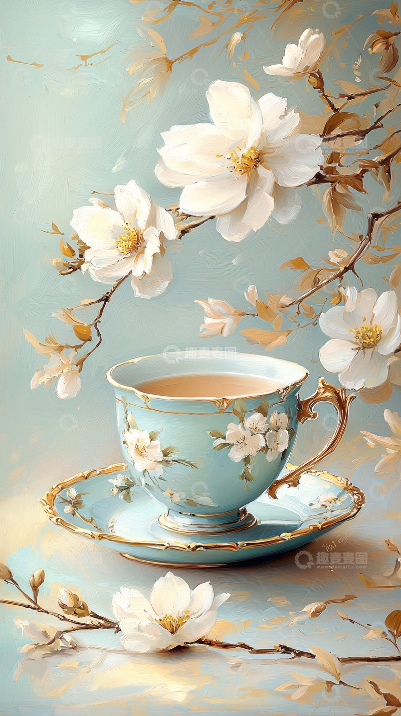 高清大图下载【趣麦麦图】茶杯与盛开的花朵