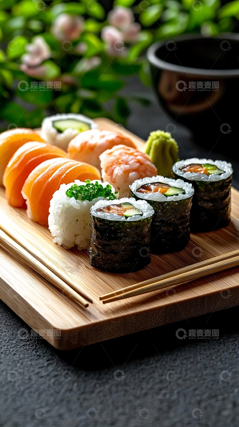 高清大图下载【趣麦麦图】寿司拼盘与竹制托盘
