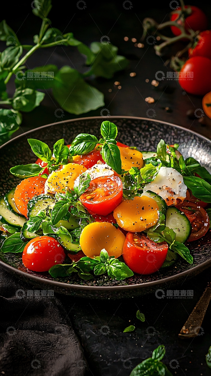 高清大图下载【趣麦麦图】新鲜蔬菜沙拉搭配罗勒叶