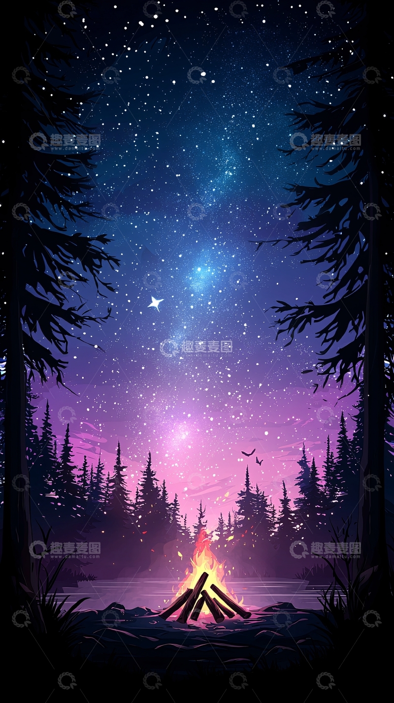 高清大图下载【趣麦麦图】夜晚森林篝火星空