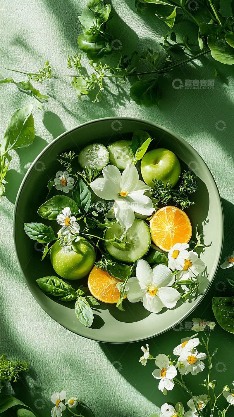 高清大图下载【趣麦麦图】绿色水果与花朵的清新拼盘