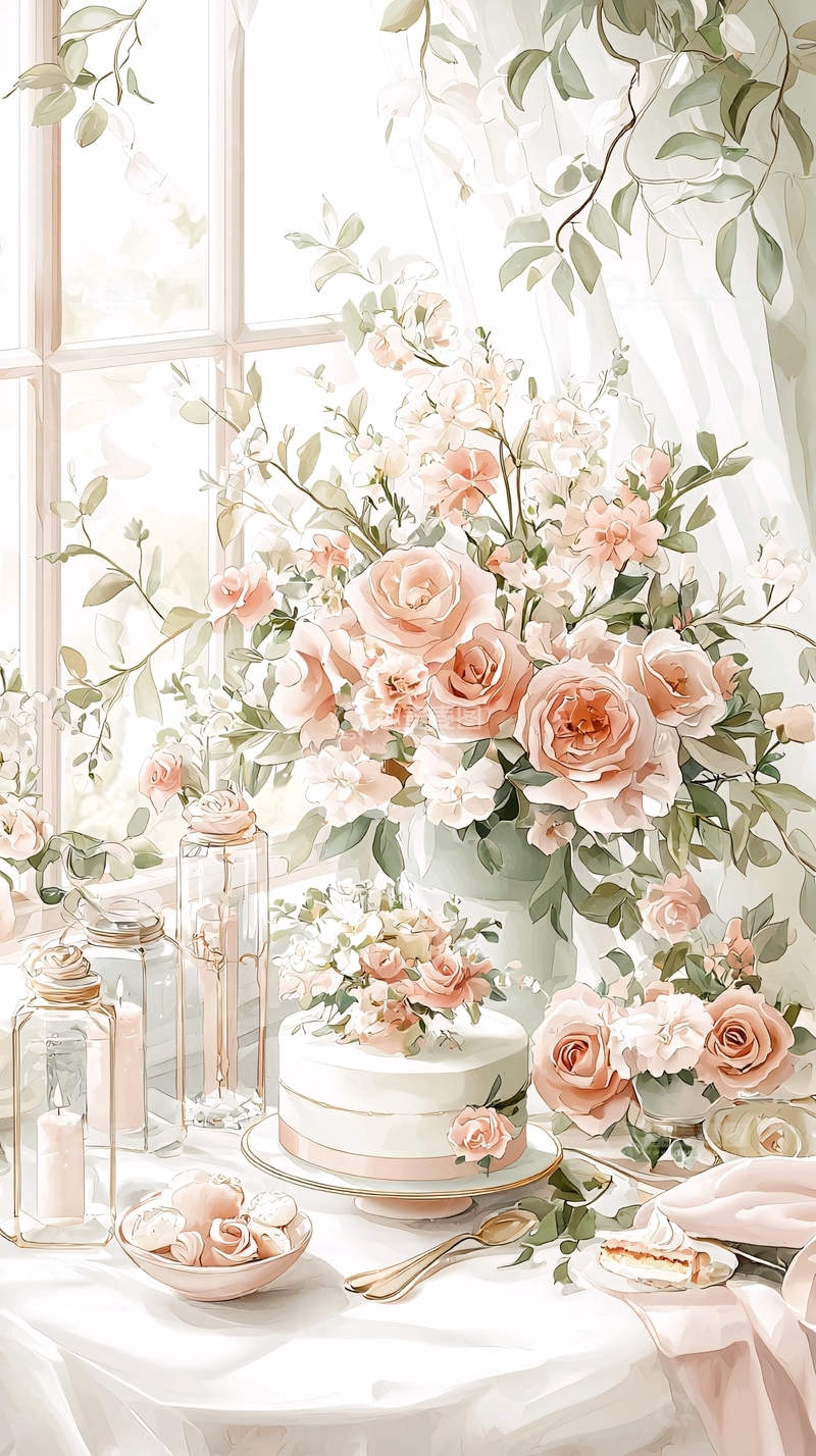高清大图下载【趣麦麦图】浪漫婚礼蛋糕与花束插画