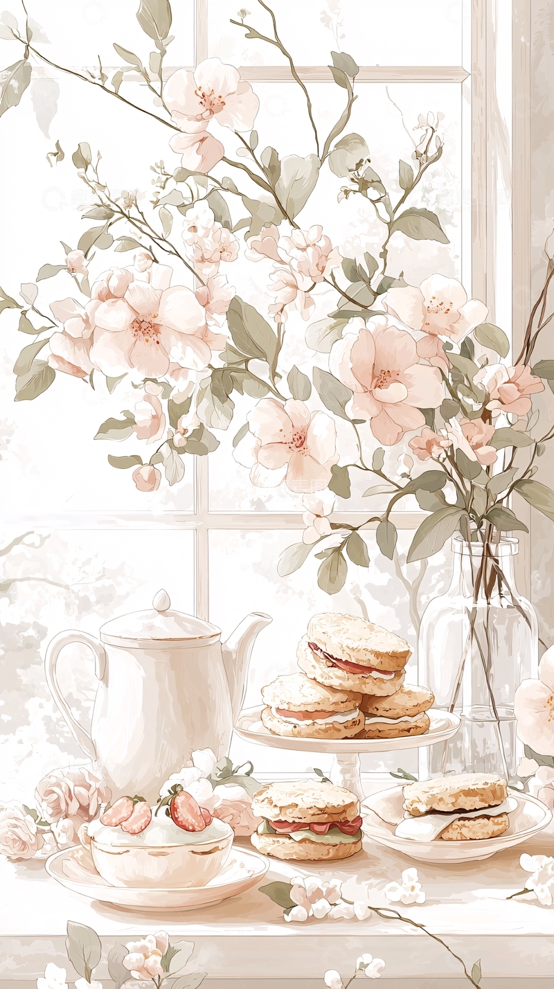 高清大图下载【趣麦麦图】春日茶点与花束插画