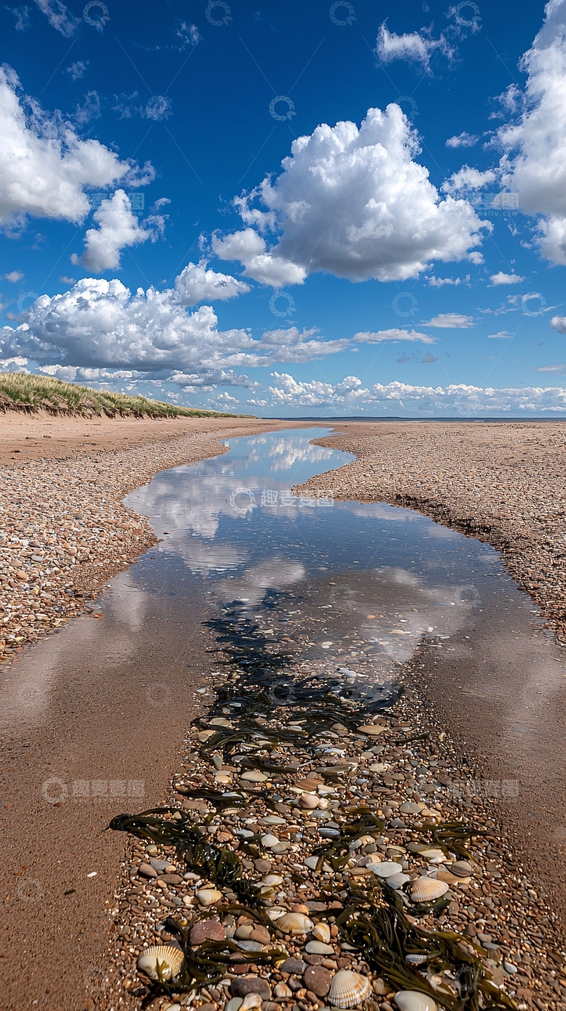 高清大图下载【趣麦麦图】海滩上的小溪与蓝天白云