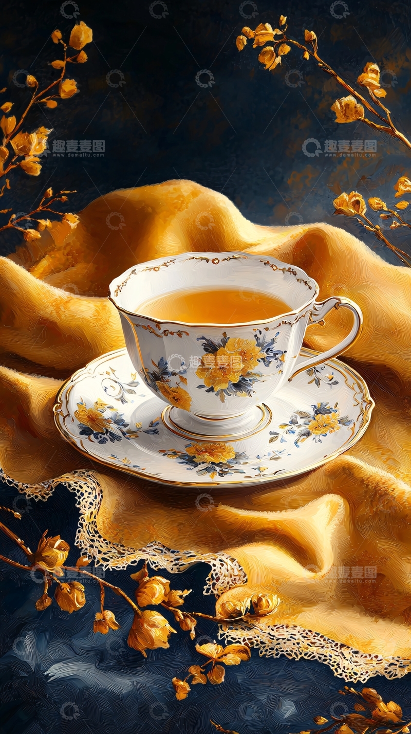 高清大图下载【趣麦麦图】金色花卉茶杯静物画