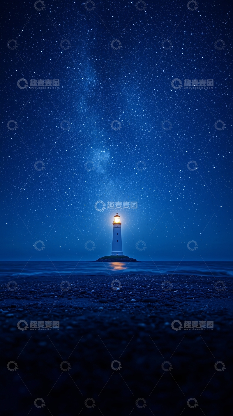 高清大图下载【趣麦麦图】夜海灯塔星辰璀璨