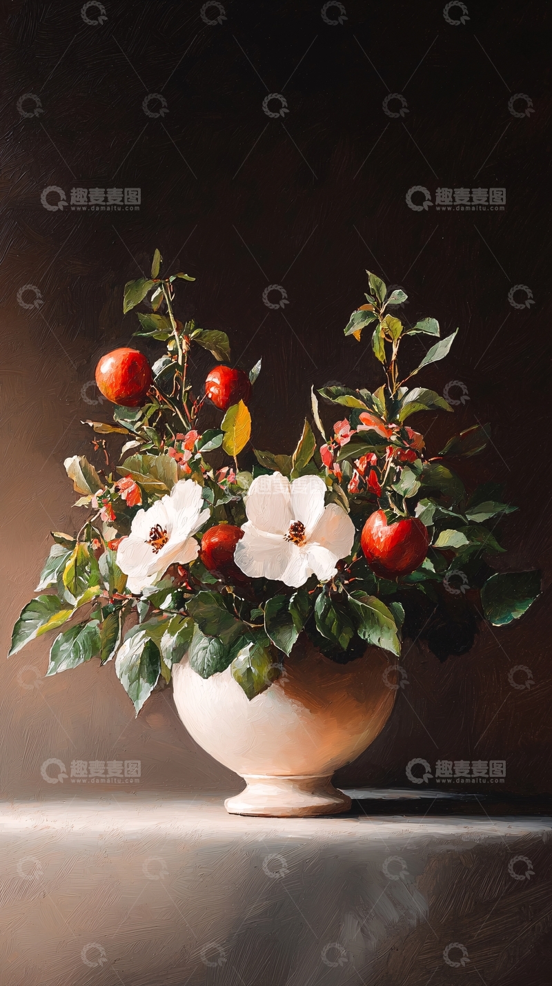 高清大图下载【趣麦麦图】花瓶中的苹果与花卉静物画