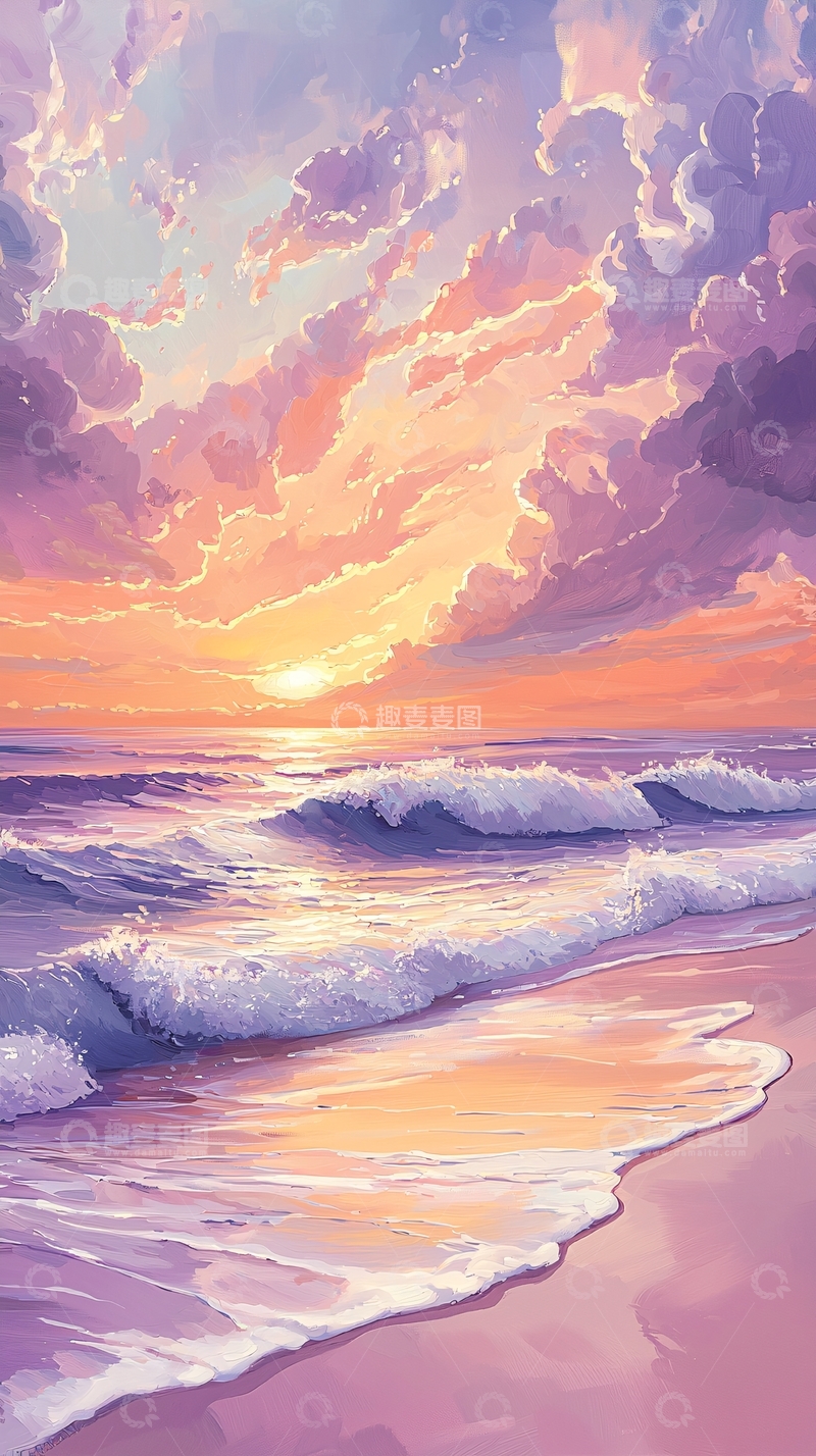 高清大图下载【趣麦麦图】日落海滩海浪艺术画